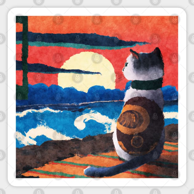 Cat watching sunset - Japanese style painting Sticker by Off the Page